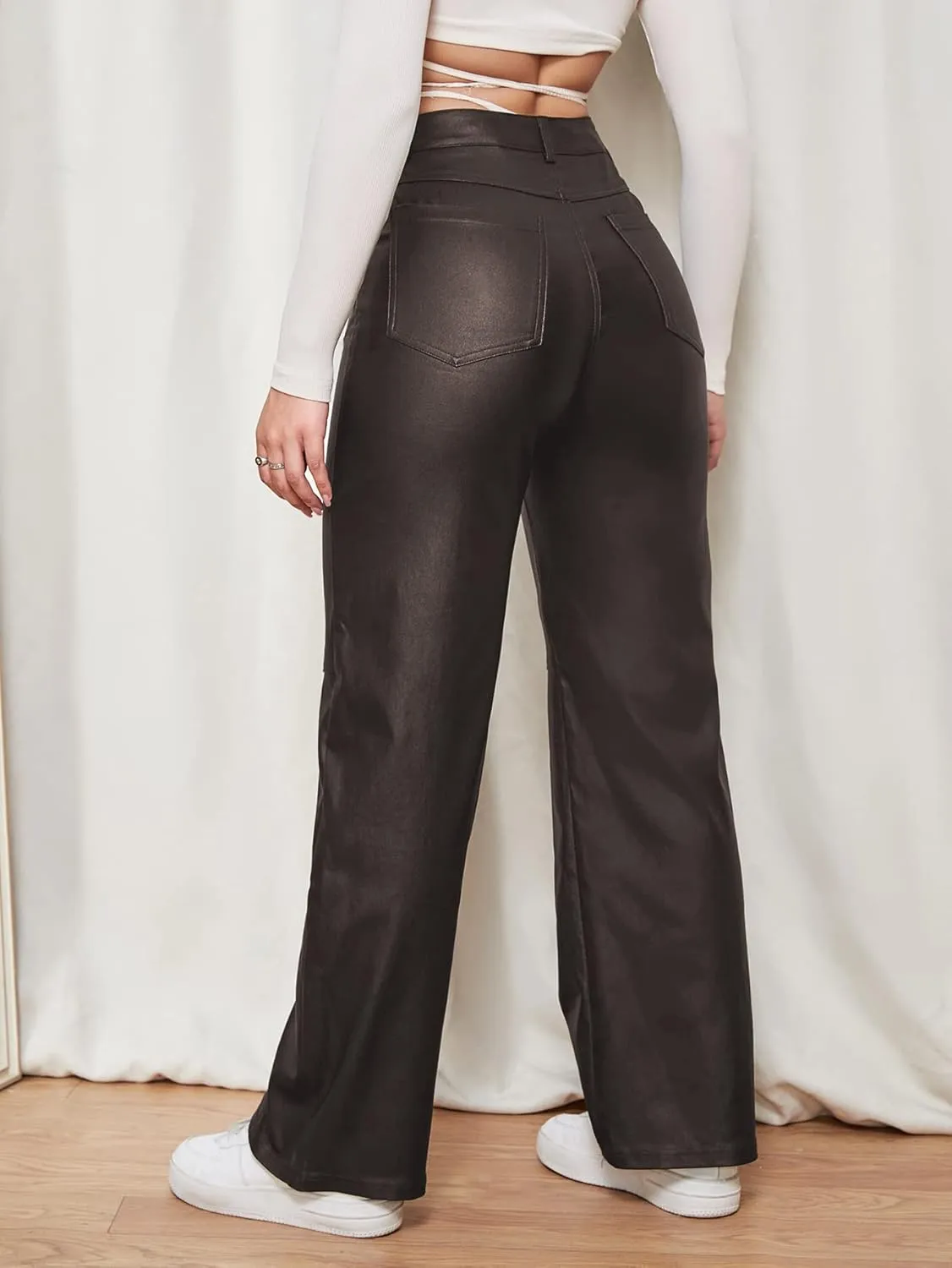 WDIRARA Women's Slant Pocket Straight Leg High Stretch Jeans Leather Look Long Pants