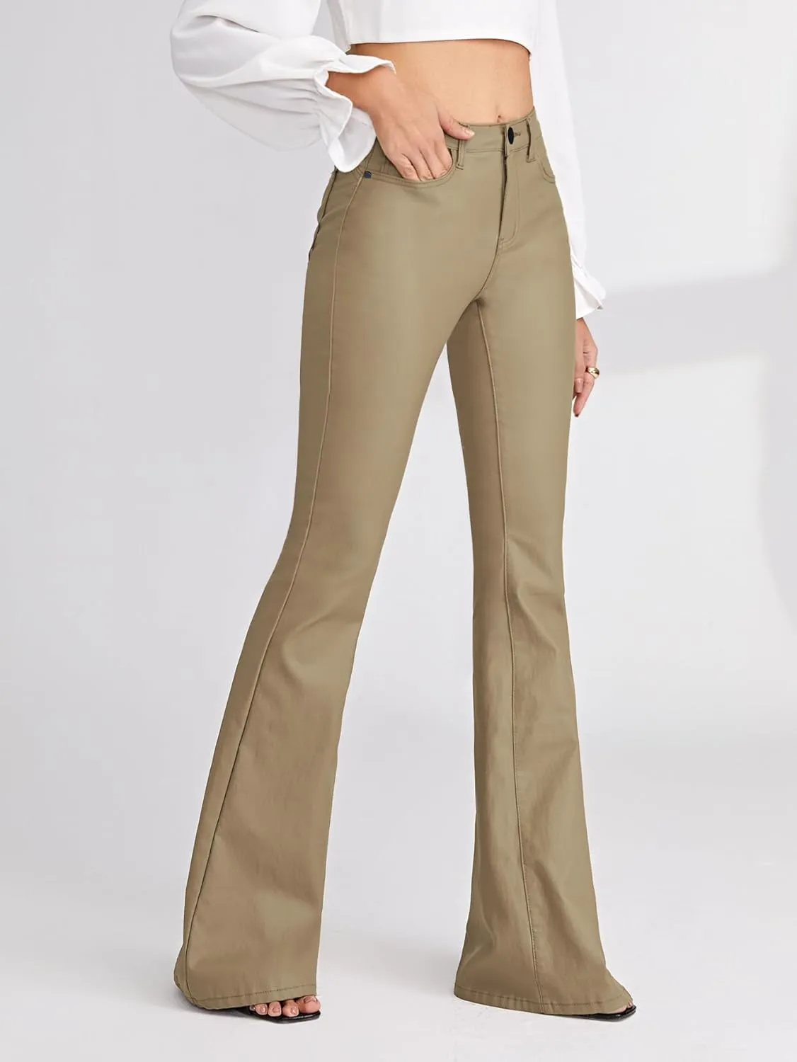 WDIRARA Women's Slant Pocket Straight Leg High Stretch Jeans Leather Look Long Pants
