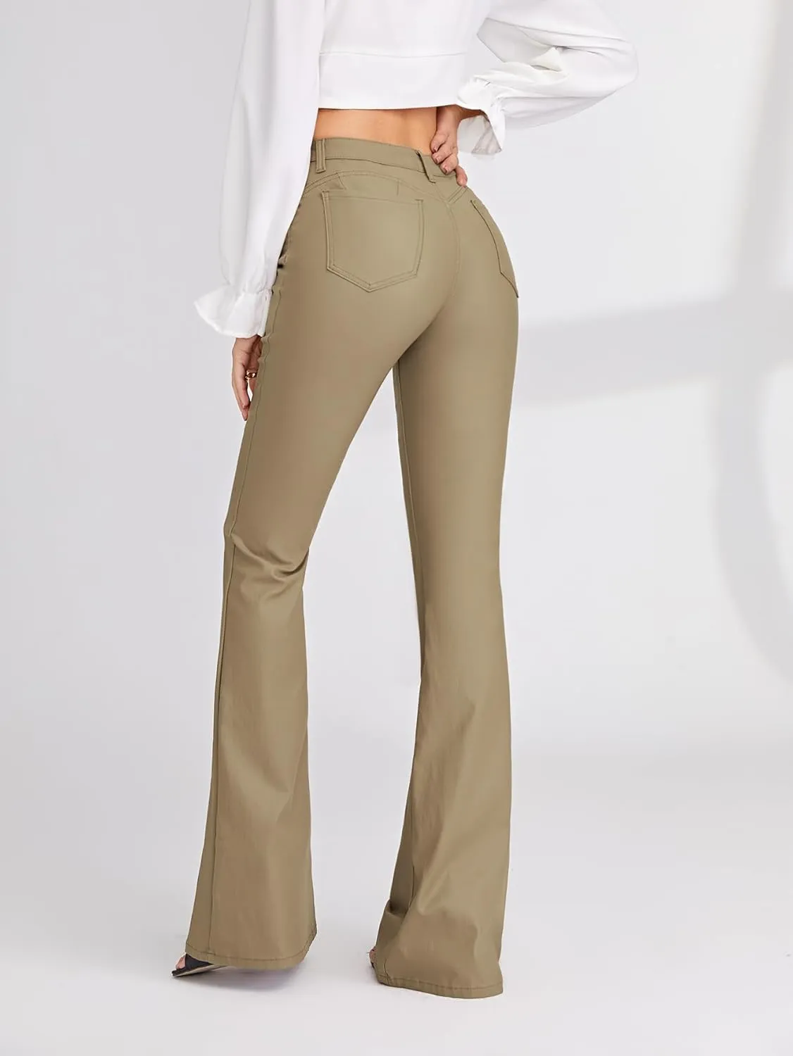 WDIRARA Women's Slant Pocket Straight Leg High Stretch Jeans Leather Look Long Pants