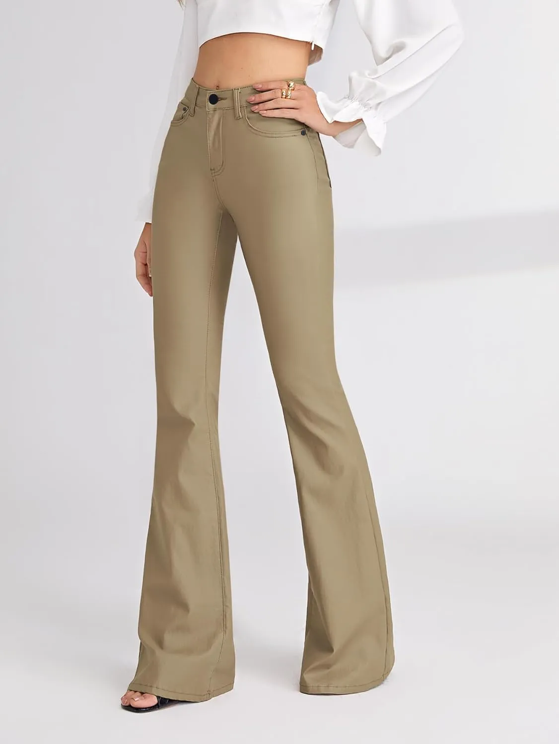 WDIRARA Women's Slant Pocket Straight Leg High Stretch Jeans Leather Look Long Pants
