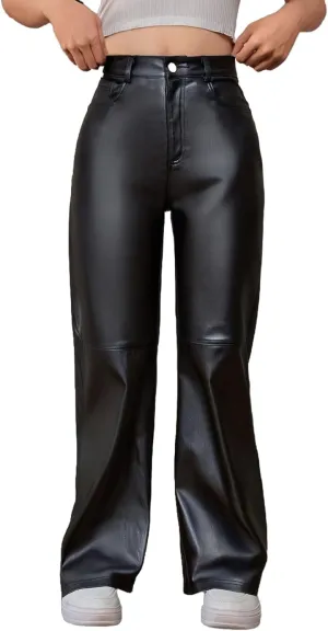 WDIRARA Women's Slant Pocket Straight Leg High Stretch Jeans Leather Look Long Pants