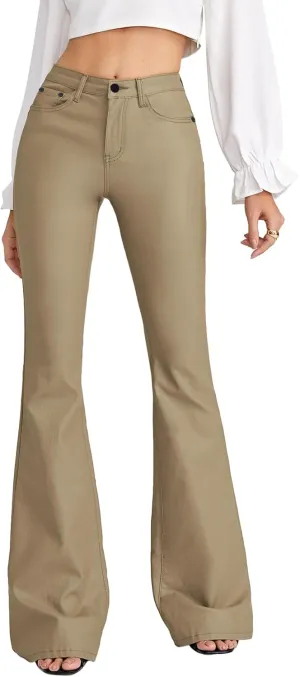 WDIRARA Women's Slant Pocket Straight Leg High Stretch Jeans Leather Look Long Pants