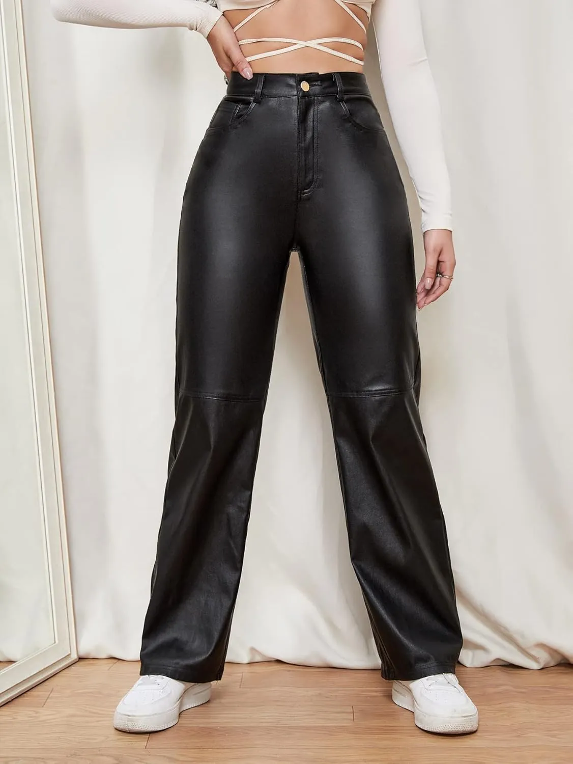 WDIRARA Women's Slant Pocket Straight Leg High Stretch Jeans Leather Look Long Pants