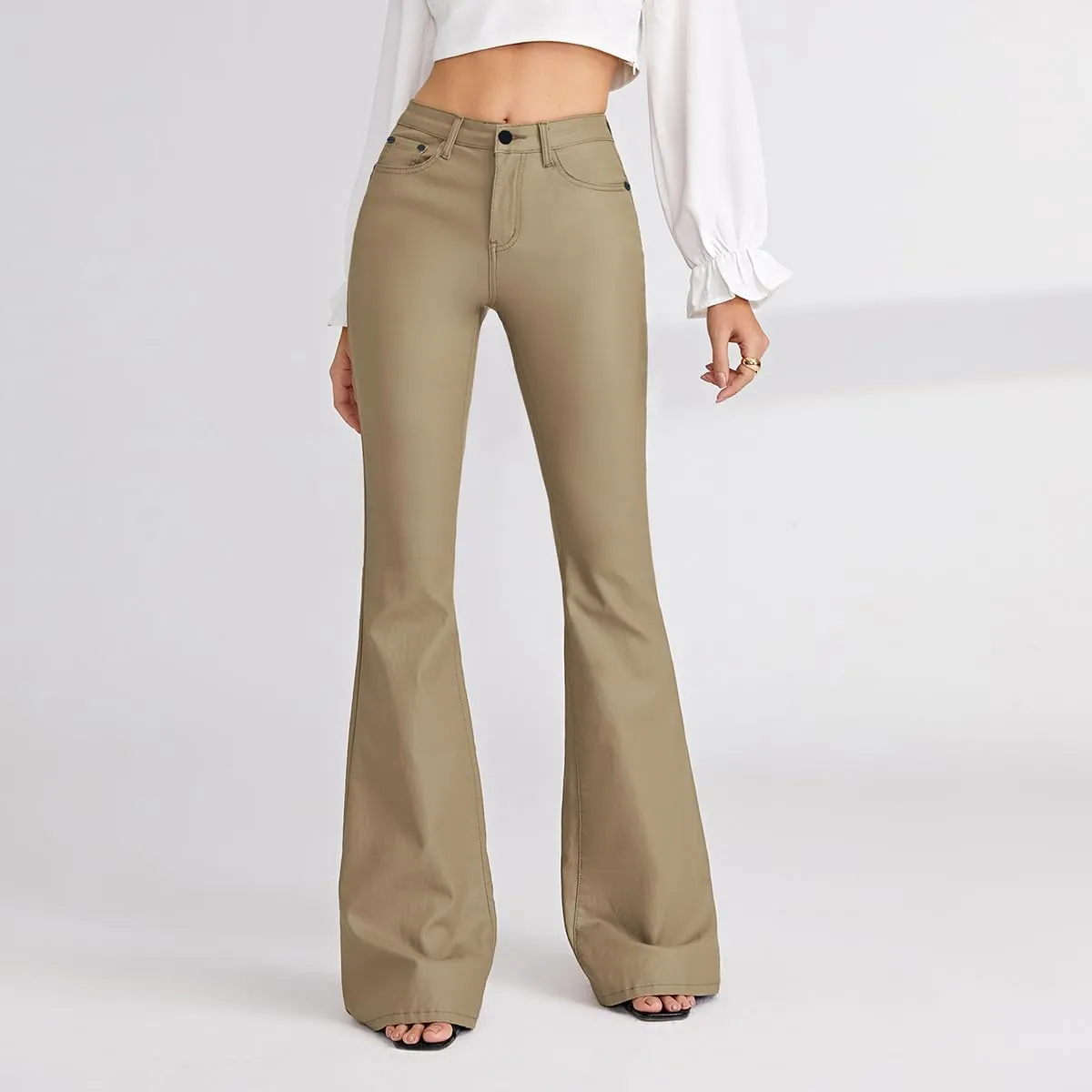 WDIRARA Women's Slant Pocket Straight Leg High Stretch Jeans Leather Look Long Pants