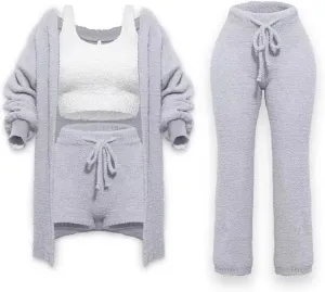 Winter Knit Set 4-Piece for Women,Soft Cozy Knit Loungewear Sets Women's Lounge Sets Cardigan Coat Vest Shorts Trousers