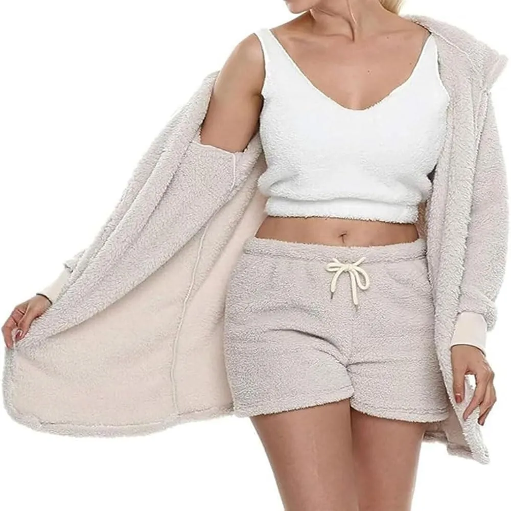Winter Knit Set 4-Piece for Women,Soft Cozy Knit Loungewear Sets Women's Lounge Sets Cardigan Coat Vest Shorts Trousers
