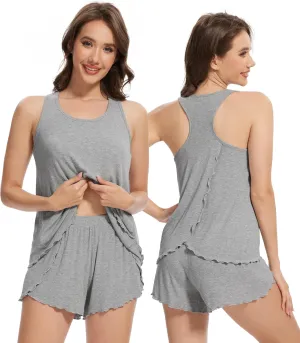 WiWi Pajama Set for Women Sexy Sleeveless Tops with Shorts Viscose from Bamboo Soft Ribbed Fabric Racerback Sleepwear S-XXL
