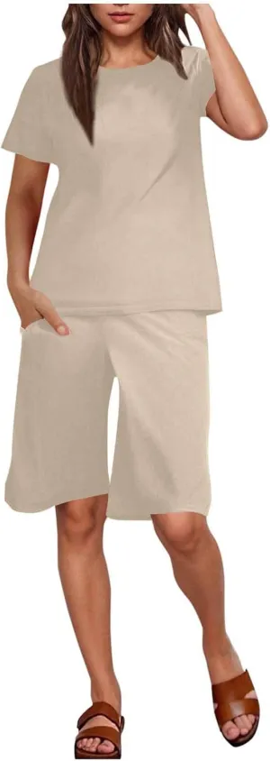 Women Bermuda 2 Piece Outfits Summer Cotton Linen Casual Set Short Sleeve Crewneck T-Shirts and Shorts Loungewear