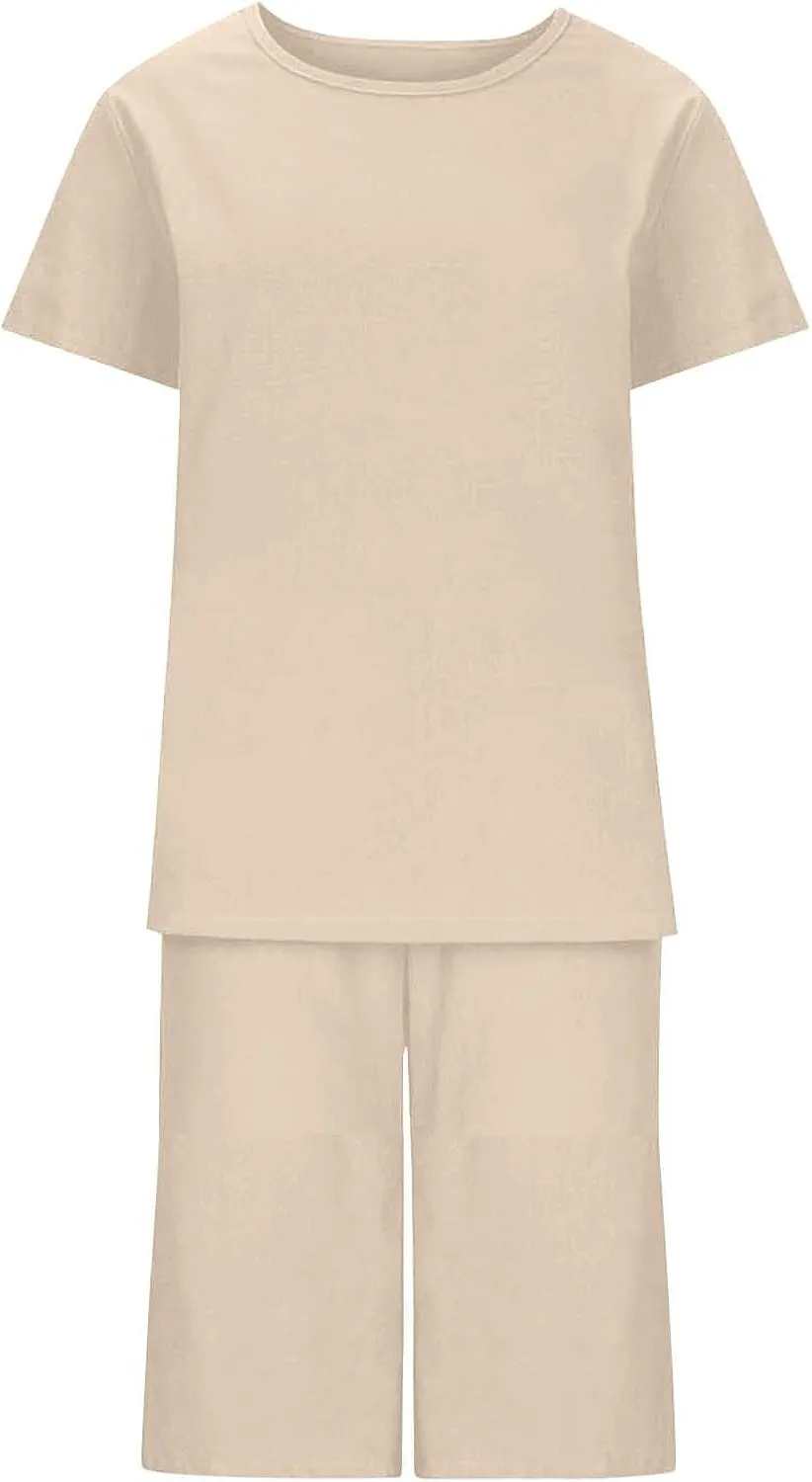 Women Bermuda 2 Piece Outfits Summer Cotton Linen Casual Set Short Sleeve Crewneck T-Shirts and Shorts Loungewear
