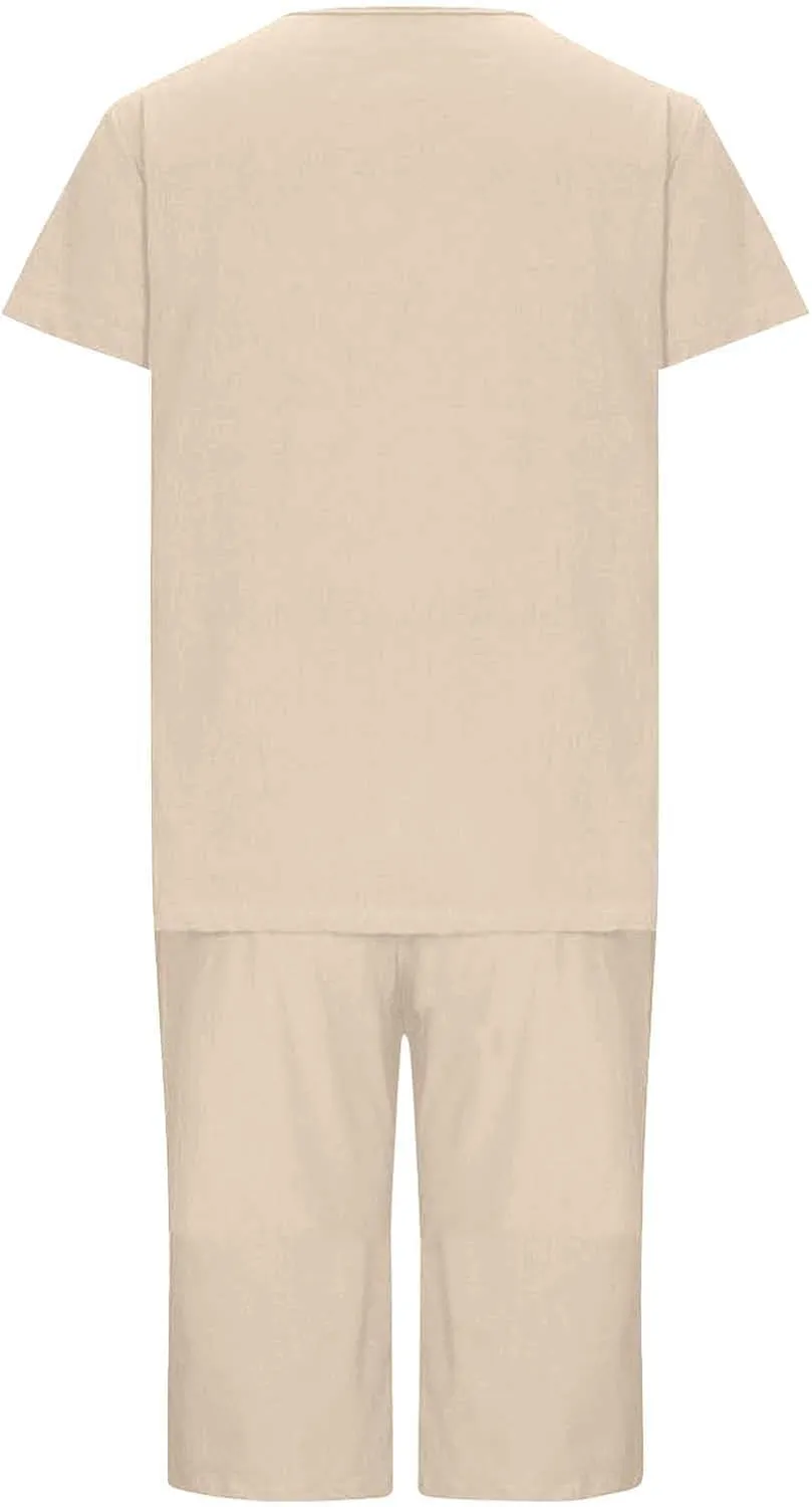 Women Bermuda 2 Piece Outfits Summer Cotton Linen Casual Set Short Sleeve Crewneck T-Shirts and Shorts Loungewear