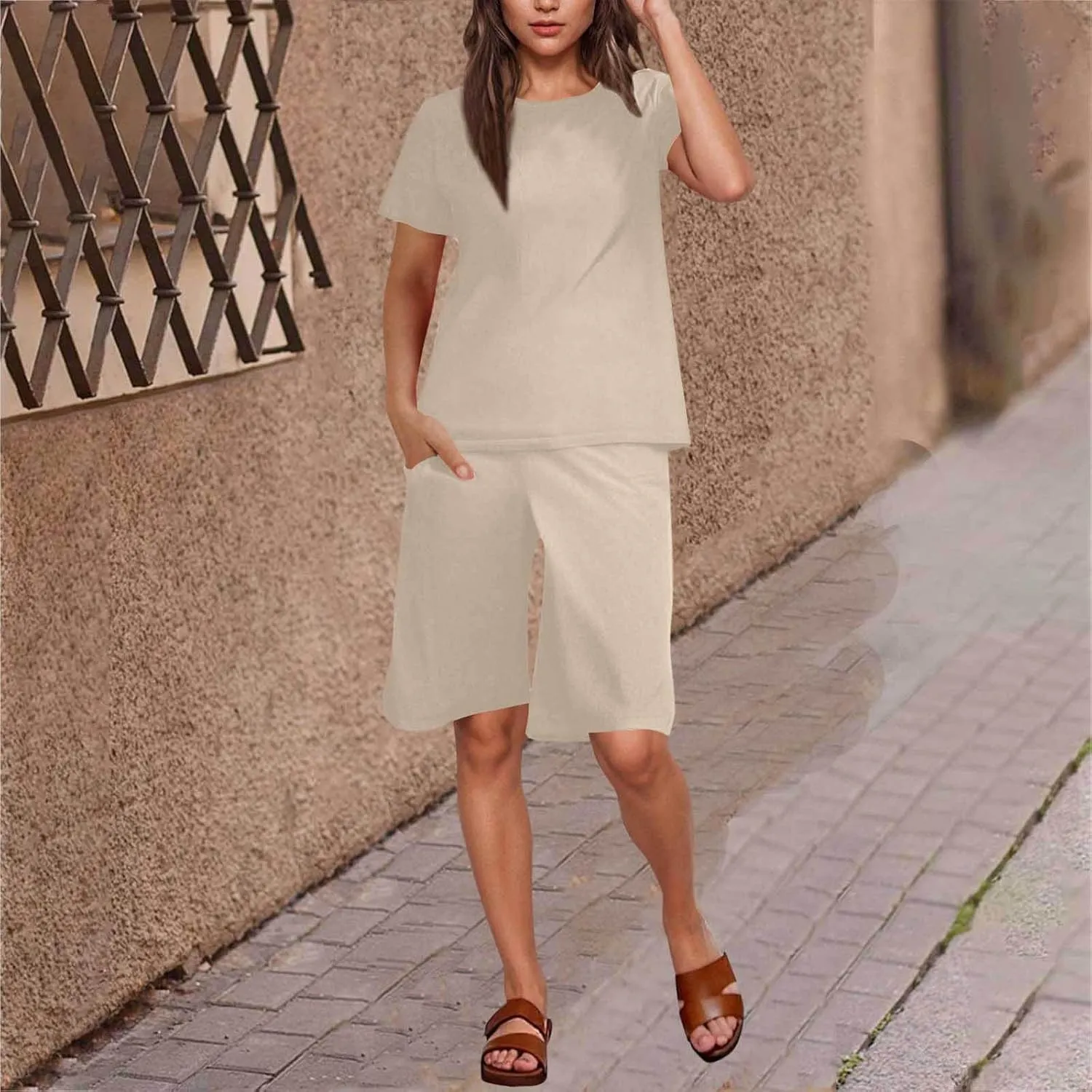 Women Bermuda 2 Piece Outfits Summer Cotton Linen Casual Set Short Sleeve Crewneck T-Shirts and Shorts Loungewear