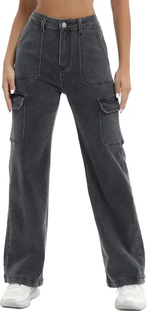 Women Cargo Jeans High Waist Y2K Straight Leg Trendy Stretchy Lightweight Jeans for Women