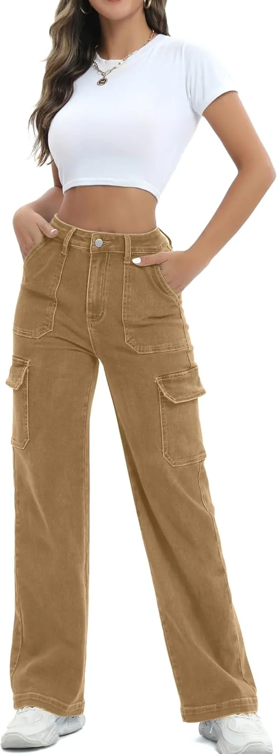 Women Cargo Jeans High Waist Y2K Straight Leg Trendy Stretchy Lightweight Jeans for Women