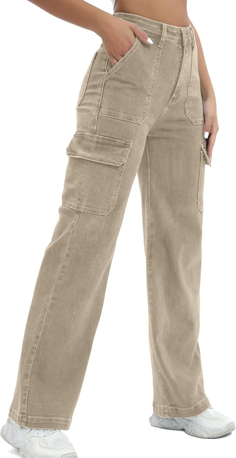 Women Cargo Jeans High Waist Y2K Straight Leg Trendy Stretchy Lightweight Jeans for Women
