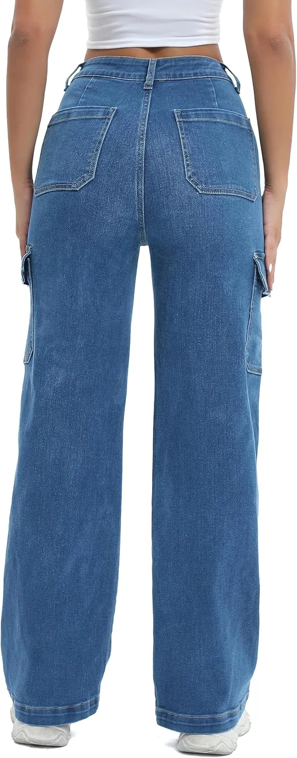 Women Cargo Jeans High Waist Y2K Straight Leg Trendy Stretchy Lightweight Jeans for Women