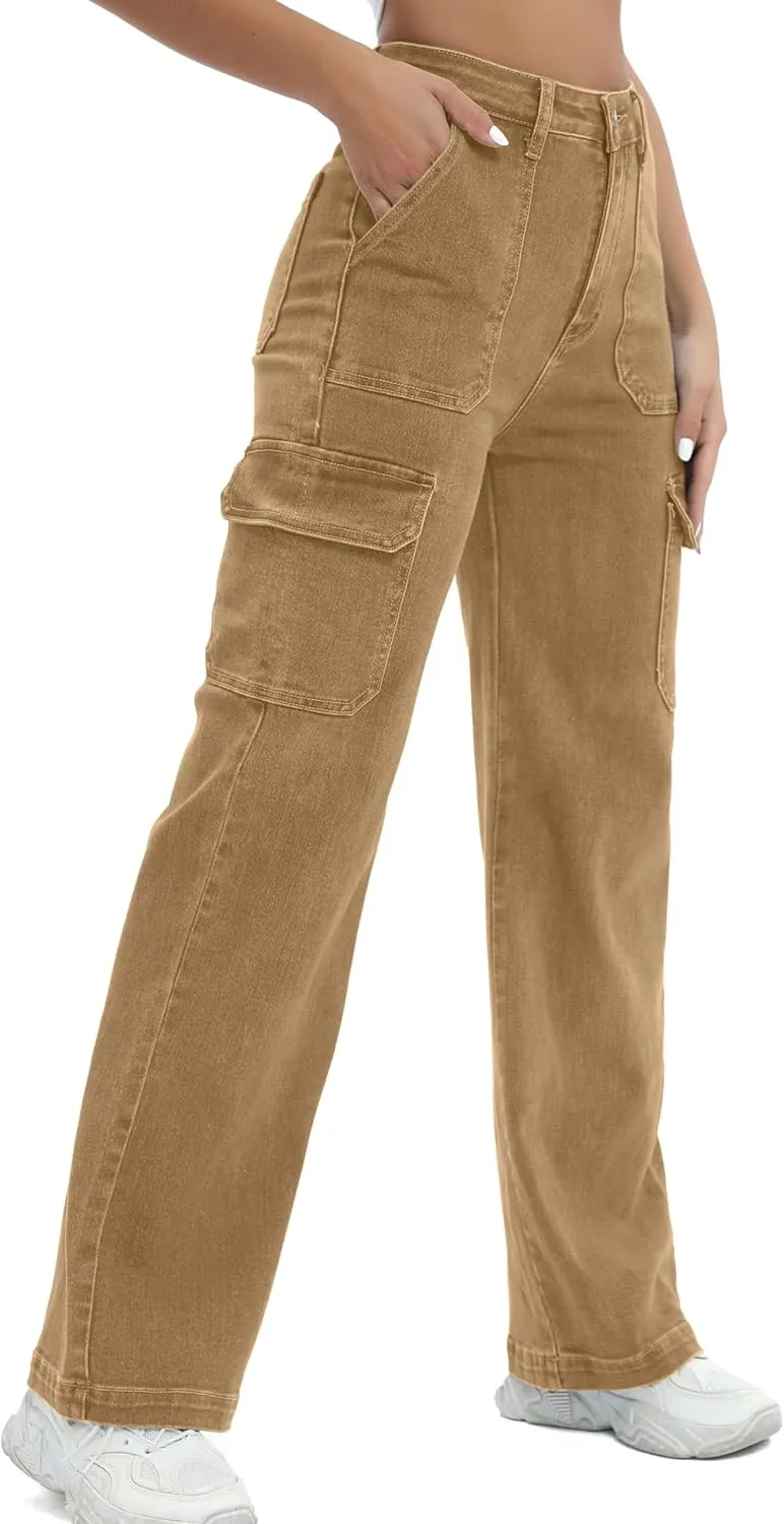 Women Cargo Jeans High Waist Y2K Straight Leg Trendy Stretchy Lightweight Jeans for Women