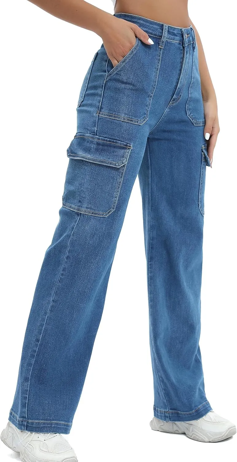 Women Cargo Jeans High Waist Y2K Straight Leg Trendy Stretchy Lightweight Jeans for Women