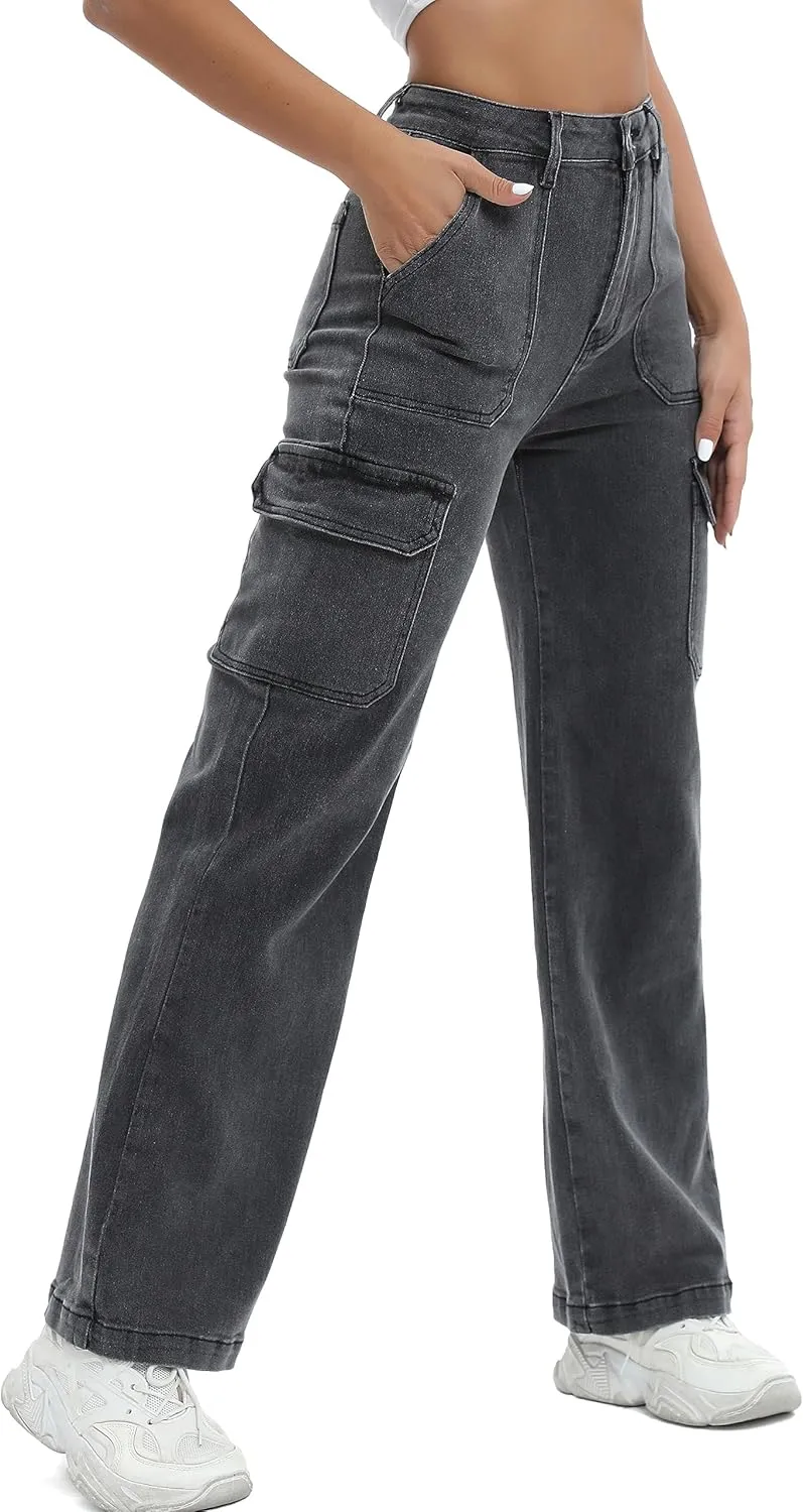 Women Cargo Jeans High Waist Y2K Straight Leg Trendy Stretchy Lightweight Jeans for Women