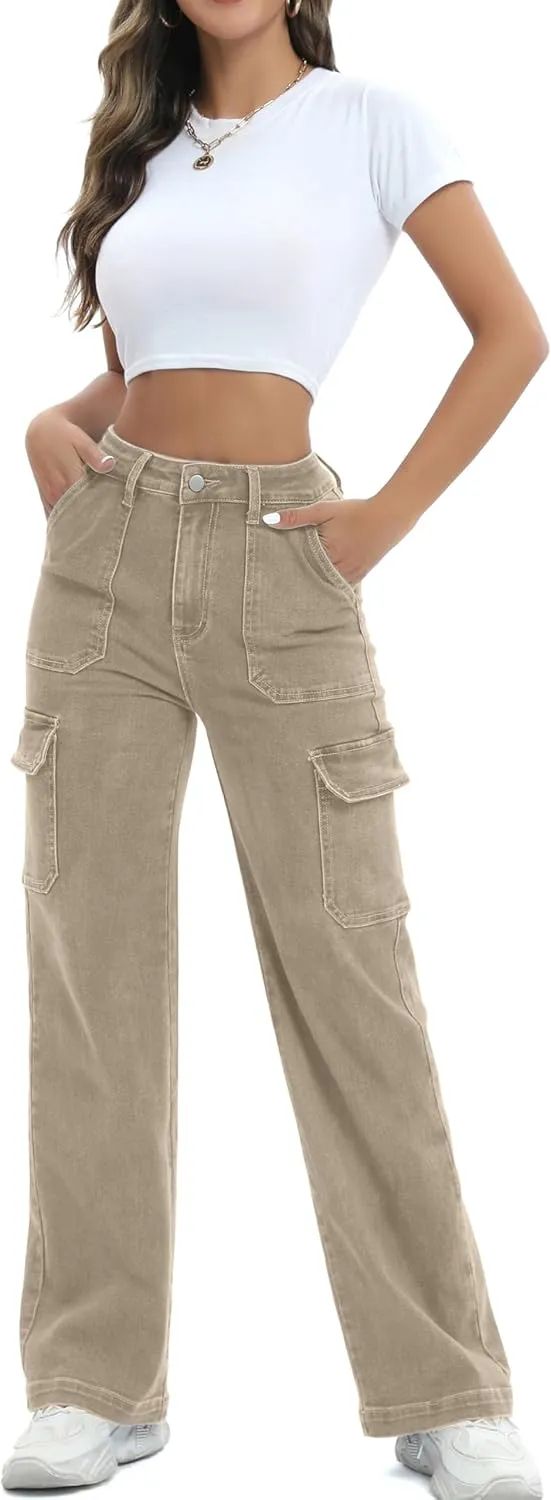Women Cargo Jeans High Waist Y2K Straight Leg Trendy Stretchy Lightweight Jeans for Women