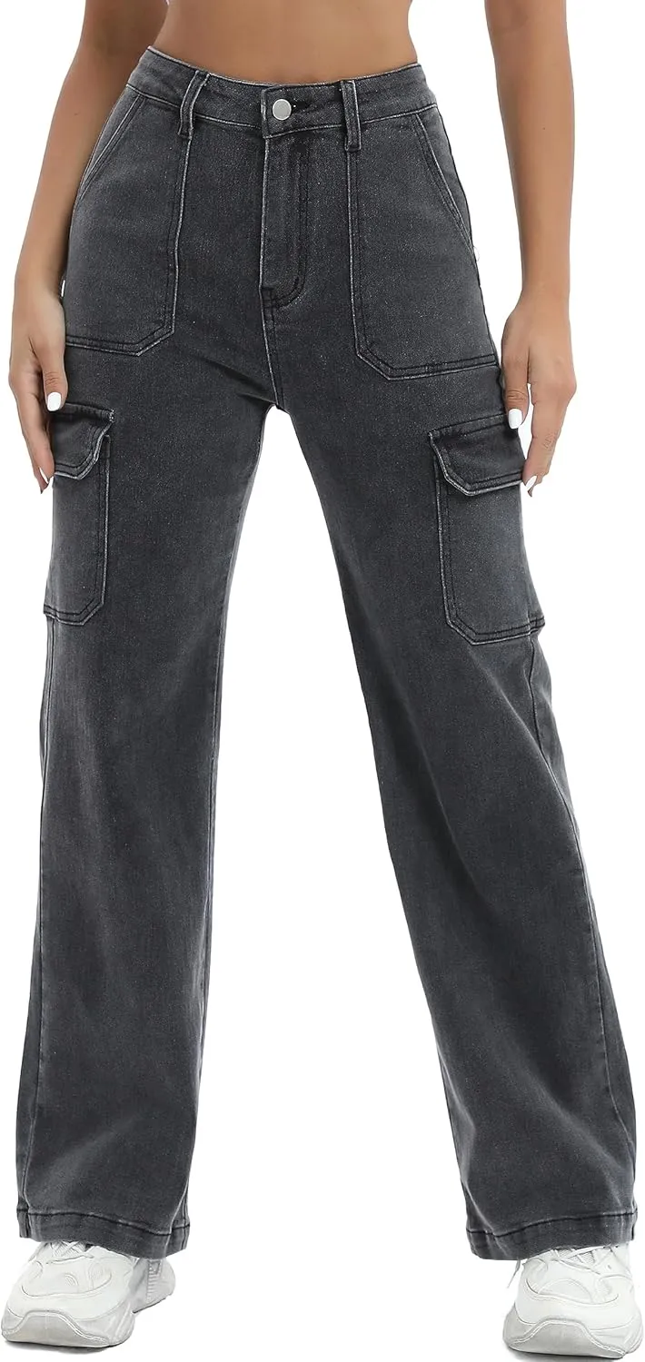 Women Cargo Jeans High Waist Y2K Straight Leg Trendy Stretchy Lightweight Jeans for Women