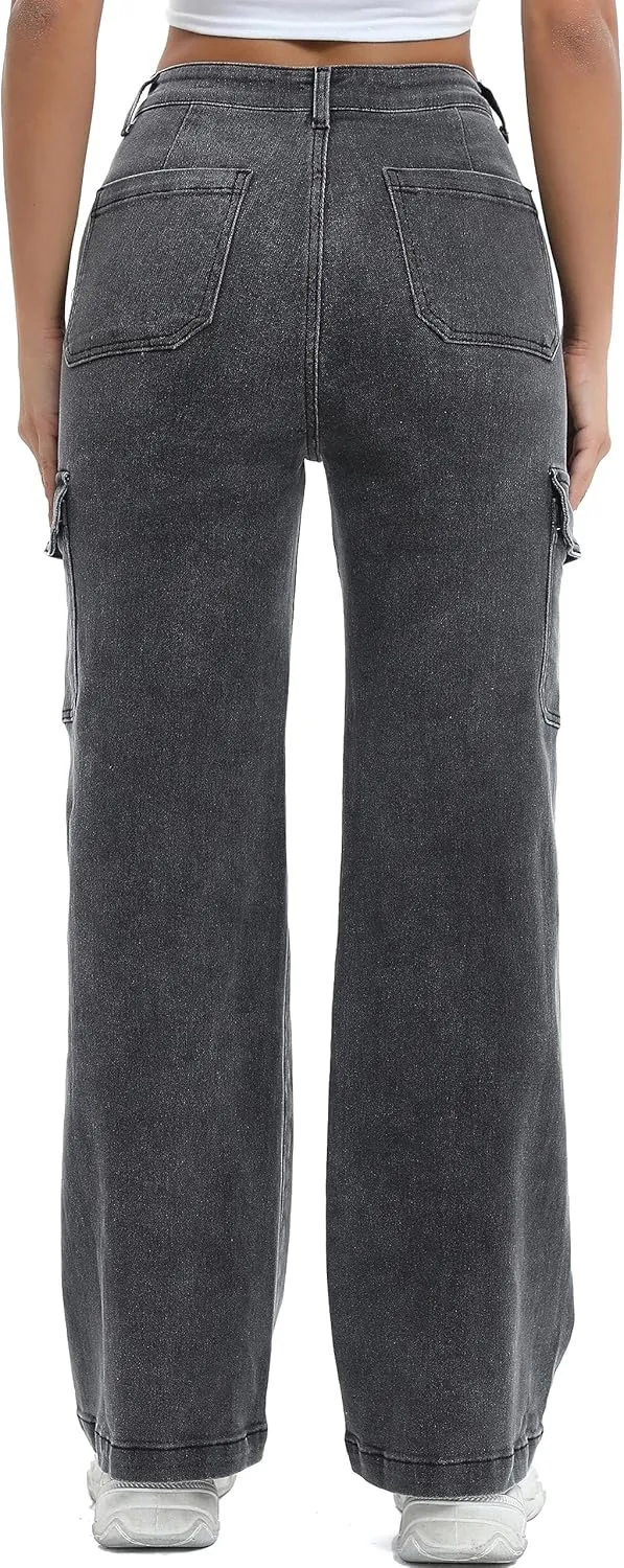 Women Cargo Jeans High Waist Y2K Straight Leg Trendy Stretchy Lightweight Jeans for Women