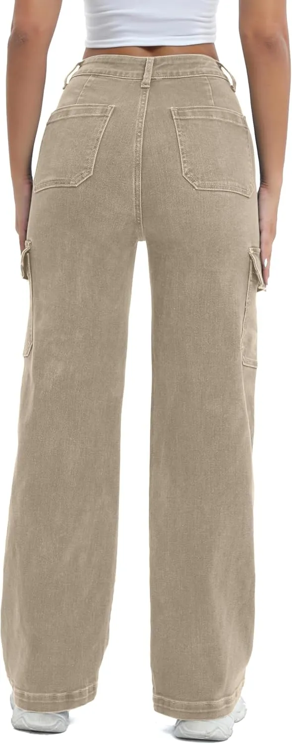 Women Cargo Jeans High Waist Y2K Straight Leg Trendy Stretchy Lightweight Jeans for Women