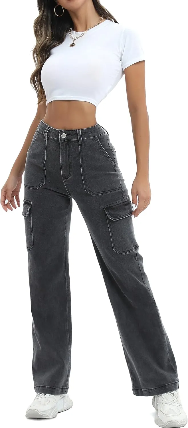 Women Cargo Jeans High Waist Y2K Straight Leg Trendy Stretchy Lightweight Jeans for Women
