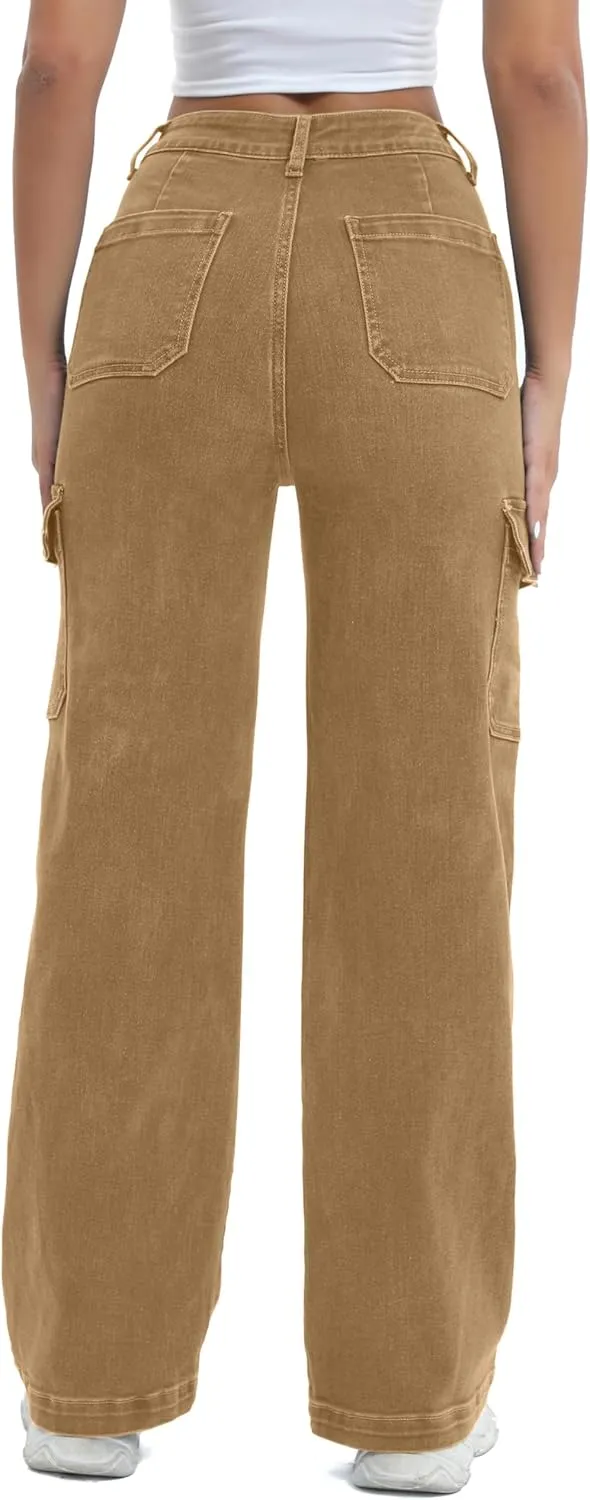 Women Cargo Jeans High Waist Y2K Straight Leg Trendy Stretchy Lightweight Jeans for Women