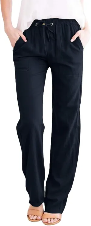Women Cotton Linen Casual Pants Straight Leg Drawstring Elastic High Waist Loose Trousers with Pockets Lounge Y2k Relaxed