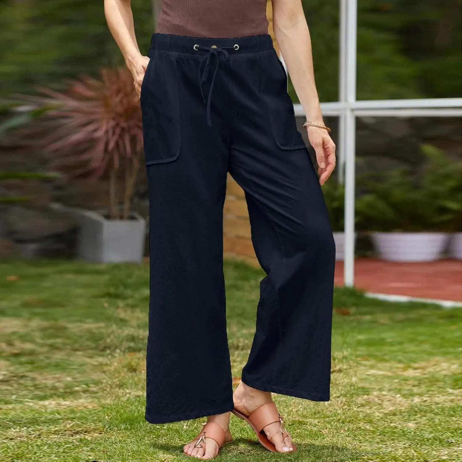 Women Cotton Linen Casual Pants Straight Leg Drawstring Elastic High Waist Loose Trousers with Pockets Lounge Y2k Relaxed