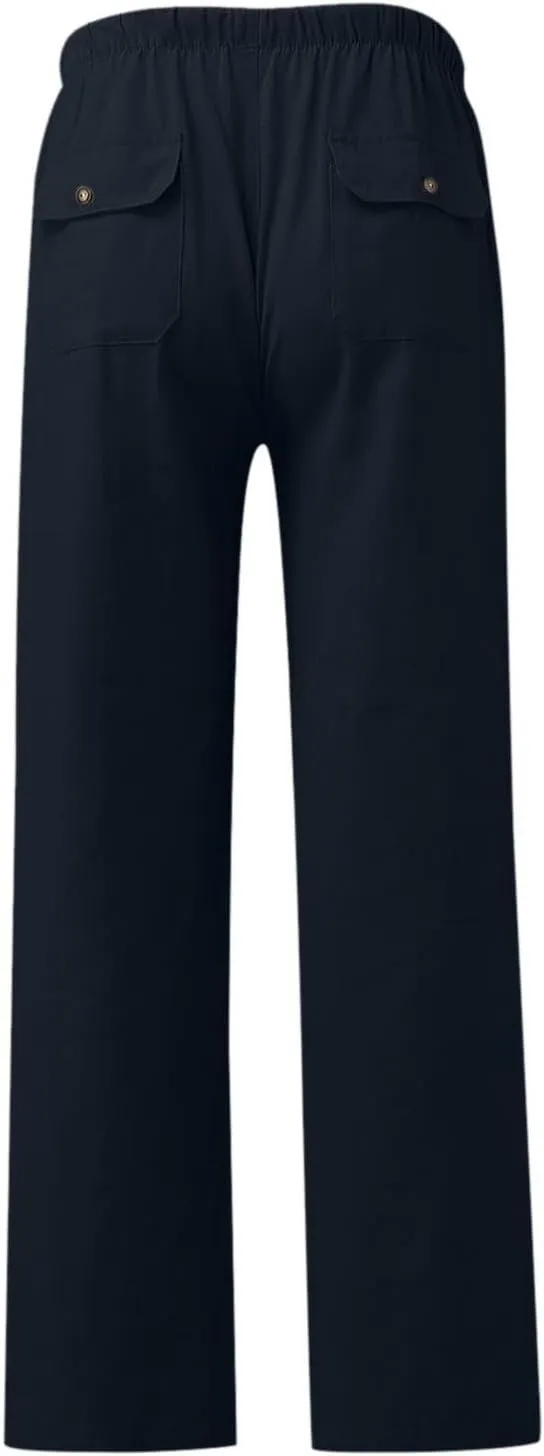Women Cotton Linen Casual Pants Straight Leg Drawstring Elastic High Waist Loose Trousers with Pockets Lounge Y2k Relaxed