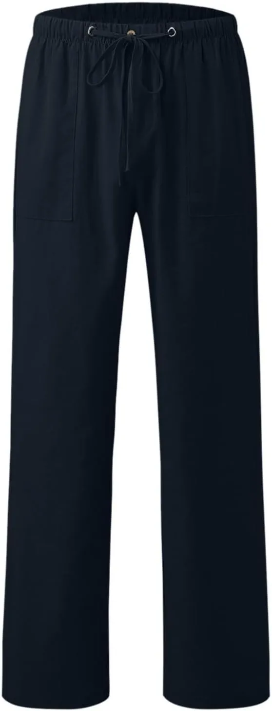 Women Cotton Linen Casual Pants Straight Leg Drawstring Elastic High Waist Loose Trousers with Pockets Lounge Y2k Relaxed