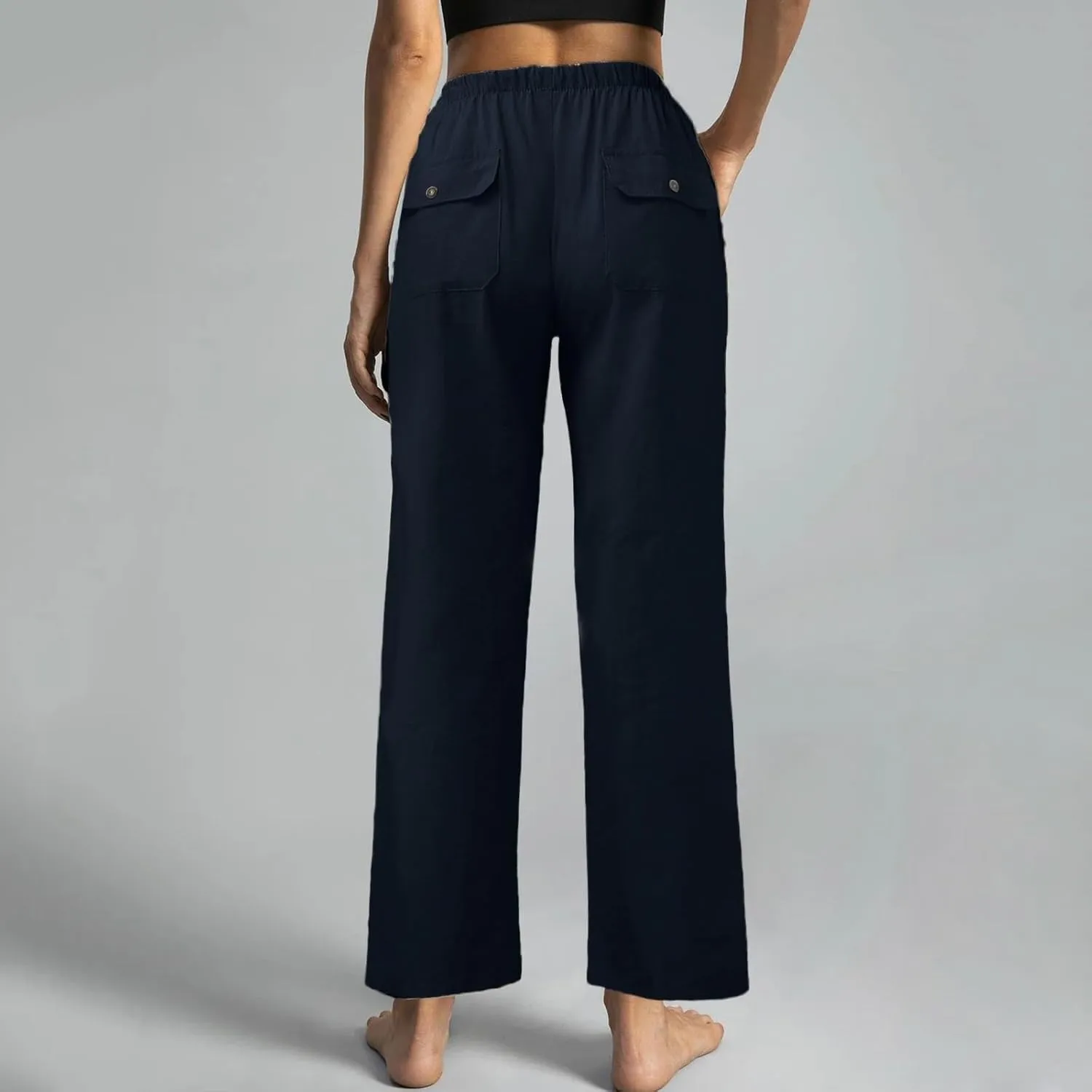 Women Cotton Linen Casual Pants Straight Leg Drawstring Elastic High Waist Loose Trousers with Pockets Lounge Y2k Relaxed