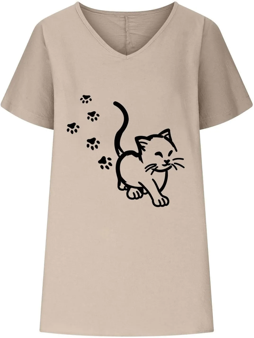 Women Funny Cat Graphic Print Shirts Loose Fit V Neck Blouse Short Sleeve Cotton Linen T Shirt Summer Tops
