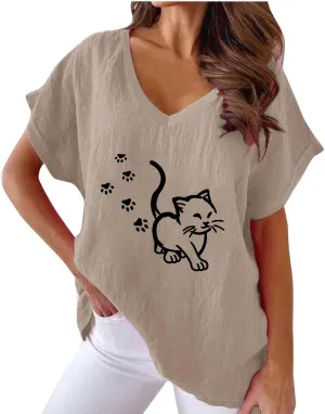 Women Funny Cat Graphic Print Shirts Loose Fit V Neck Blouse Short Sleeve Cotton Linen T Shirt Summer Tops