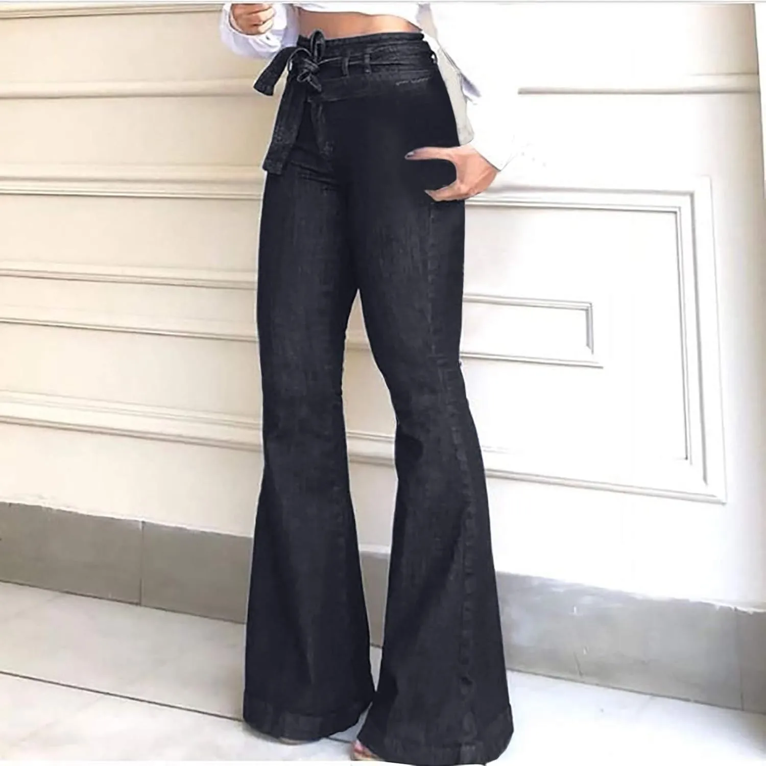 Women High Waisted Jeans Bowknot Tie Waist Flare Bell Bottom Jeans Skinny Stretchy Denim Pants Bootcut Jeans
