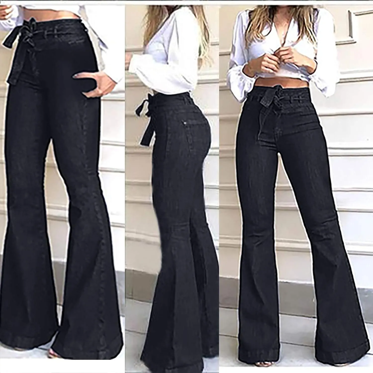 Women High Waisted Jeans Bowknot Tie Waist Flare Bell Bottom Jeans Skinny Stretchy Denim Pants Bootcut Jeans