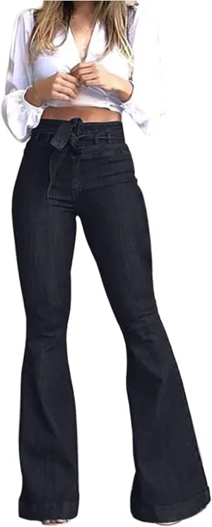 Women High Waisted Jeans Bowknot Tie Waist Flare Bell Bottom Jeans Skinny Stretchy Denim Pants Bootcut Jeans
