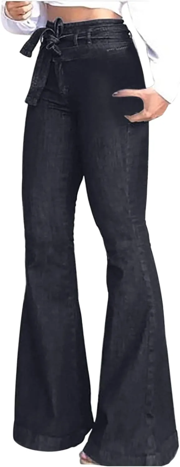 Women High Waisted Jeans Bowknot Tie Waist Flare Bell Bottom Jeans Skinny Stretchy Denim Pants Bootcut Jeans