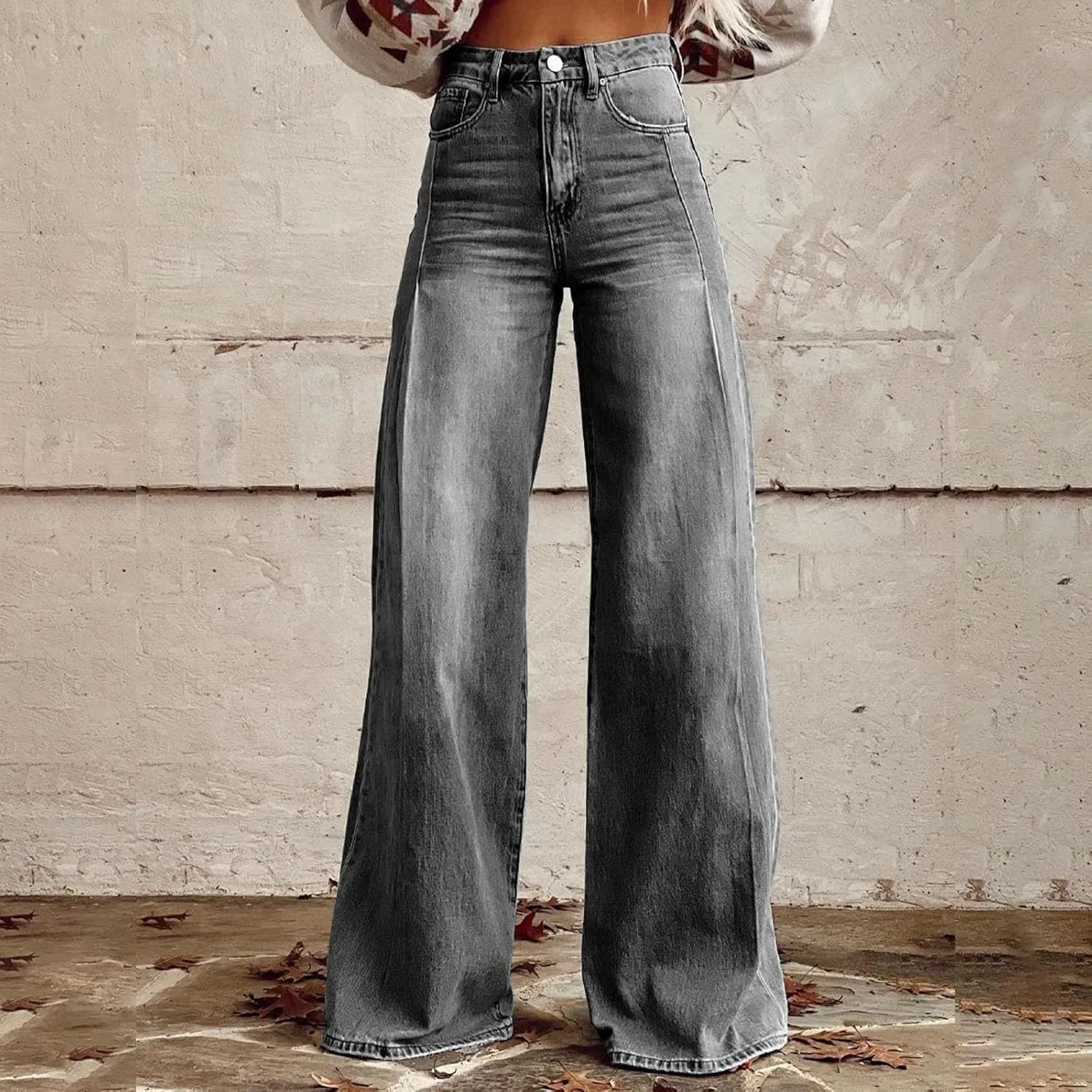 Women Jeans Lightweight High Waist Loose Wide Leg Jeans Petite Summer Straight Lounge Denim Pants with Pockets