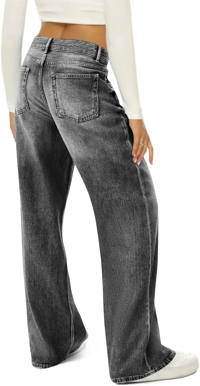 Women Jeans Lightweight High Waist Loose Wide Leg Jeans Petite Summer Straight Lounge Denim Pants with Pockets