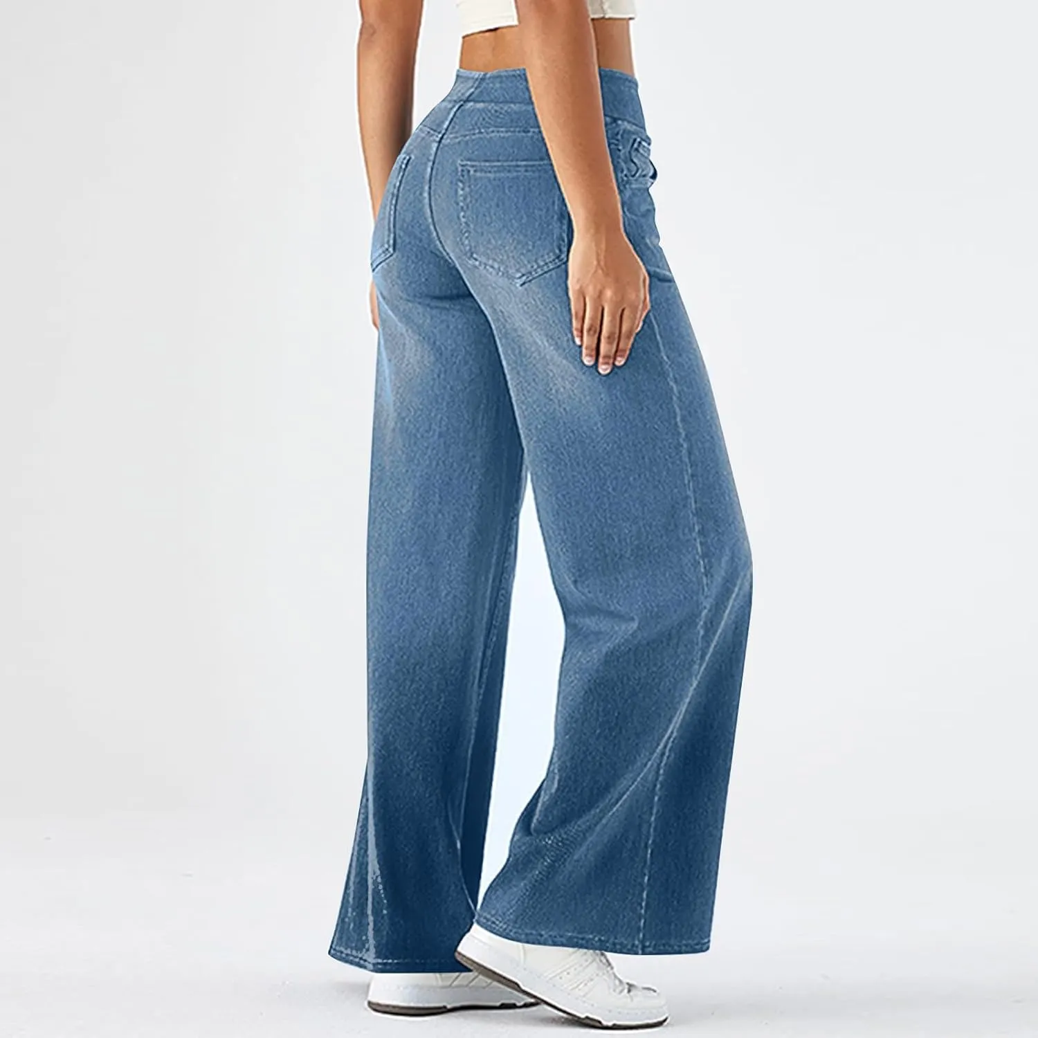 Women Jeans Petite Straight Loose Jeans Lightweight Wide Leg Summer Elastic Waist Lounge Denim Pants with Pockets