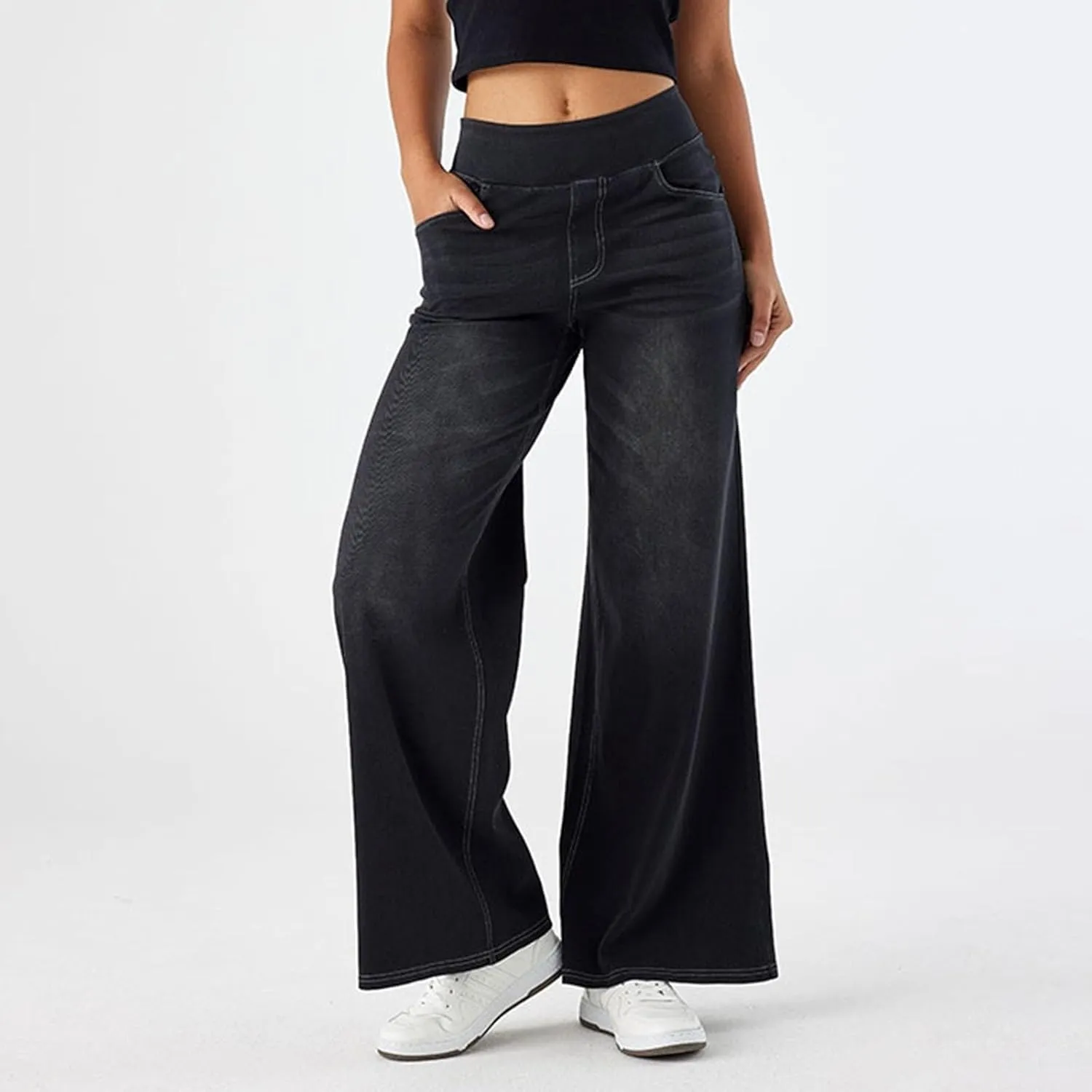 Women Jeans Petite Straight Loose Jeans Lightweight Wide Leg Summer Elastic Waist Lounge Denim Pants with Pockets
