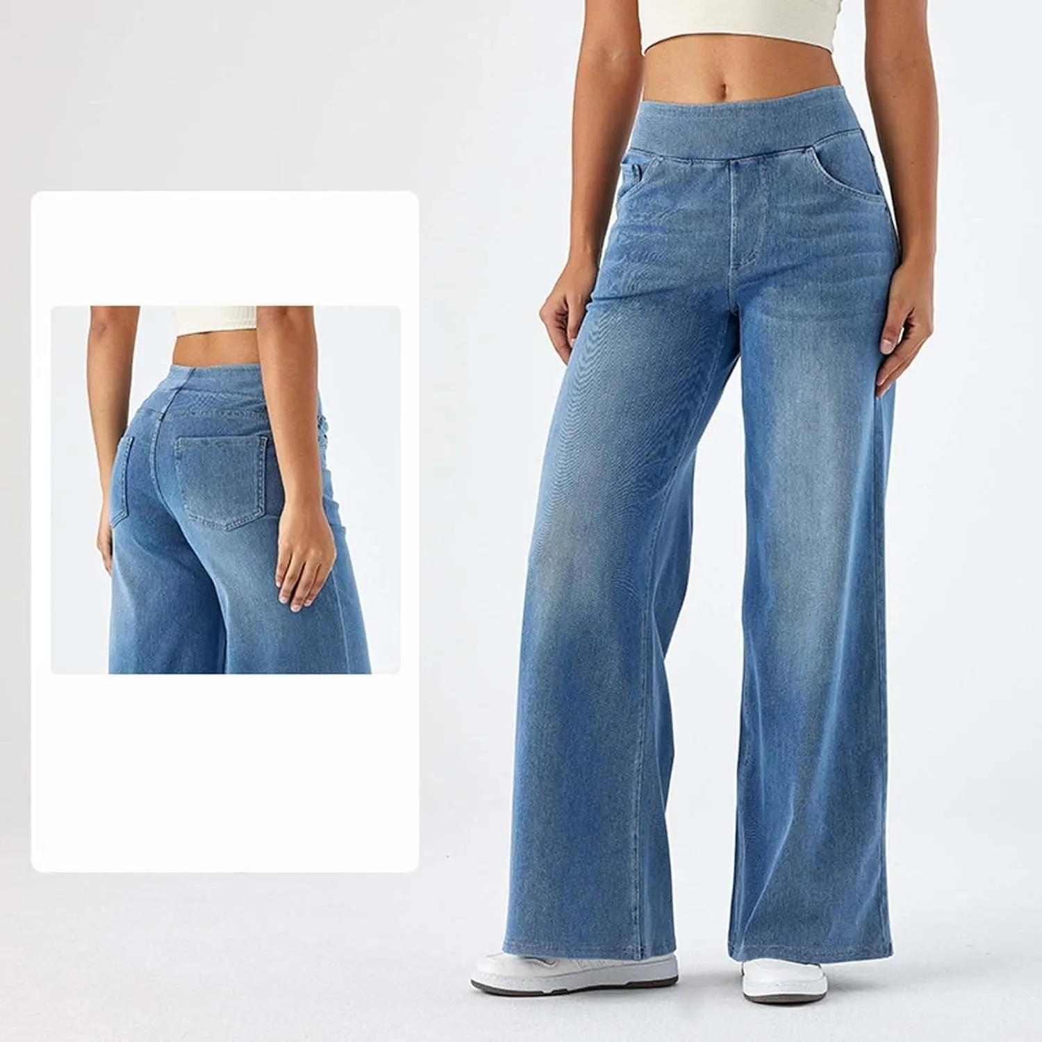 Women Jeans Petite Straight Loose Jeans Lightweight Wide Leg Summer Elastic Waist Lounge Denim Pants with Pockets