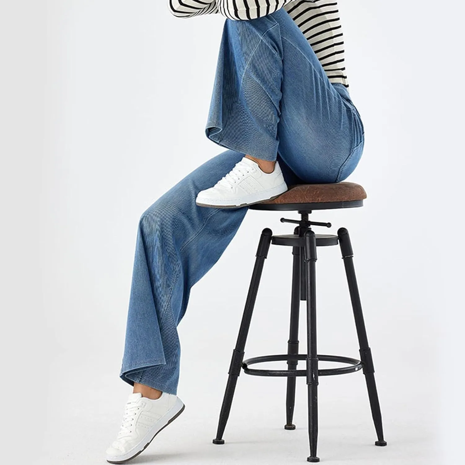 Women Jeans Petite Straight Loose Jeans Lightweight Wide Leg Summer Elastic Waist Lounge Denim Pants with Pockets