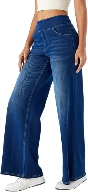 Women Jeans Petite Straight Loose Jeans Lightweight Wide Leg Summer Elastic Waist Lounge Denim Pants with Pockets