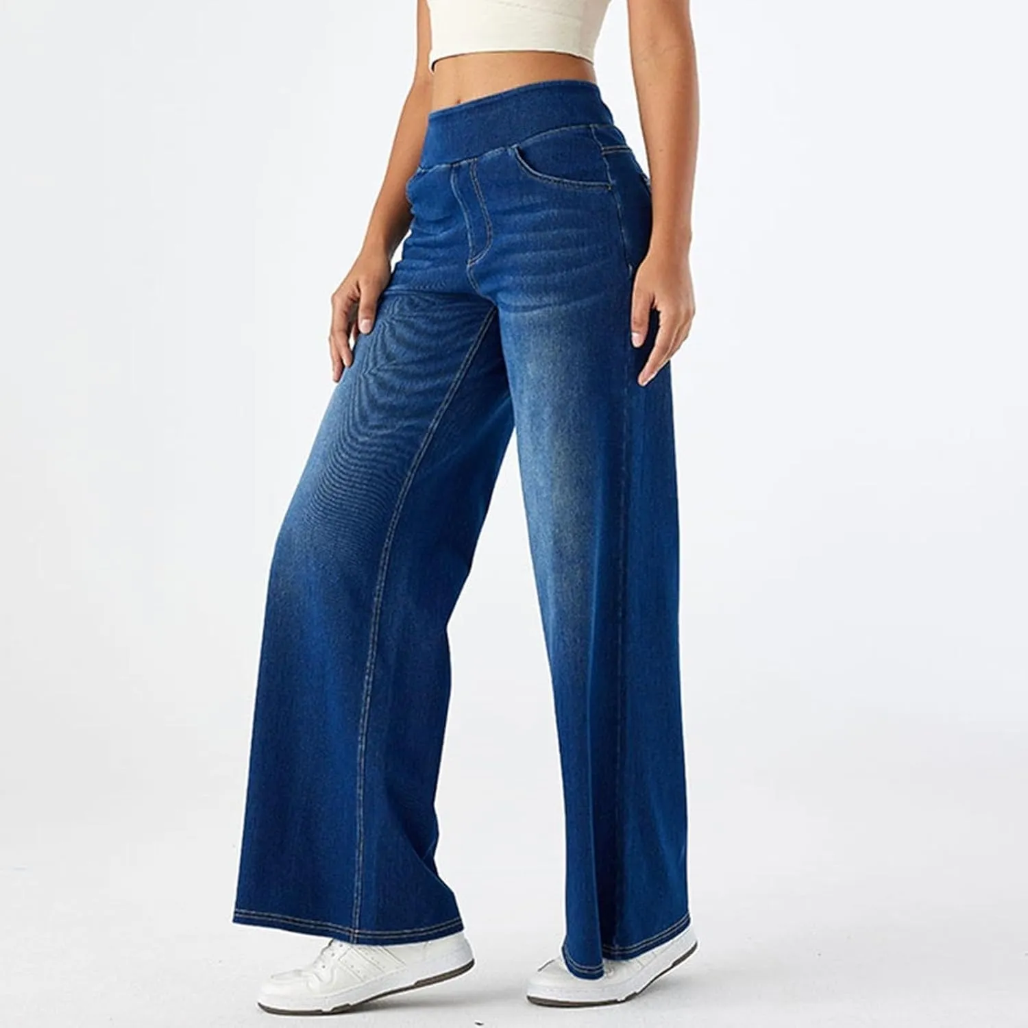 Women Jeans Petite Straight Loose Jeans Lightweight Wide Leg Summer Elastic Waist Lounge Denim Pants with Pockets