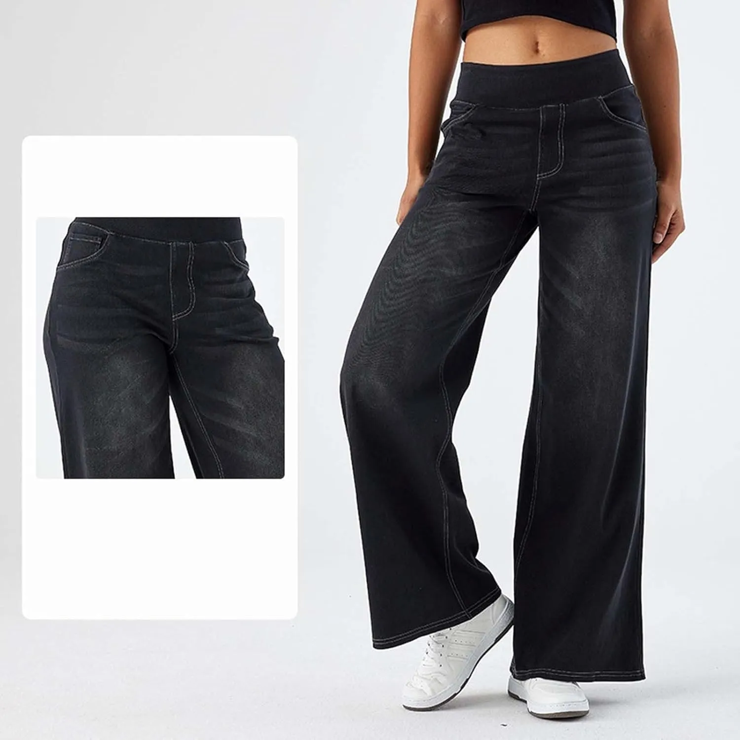 Women Jeans Petite Straight Loose Jeans Lightweight Wide Leg Summer Elastic Waist Lounge Denim Pants with Pockets
