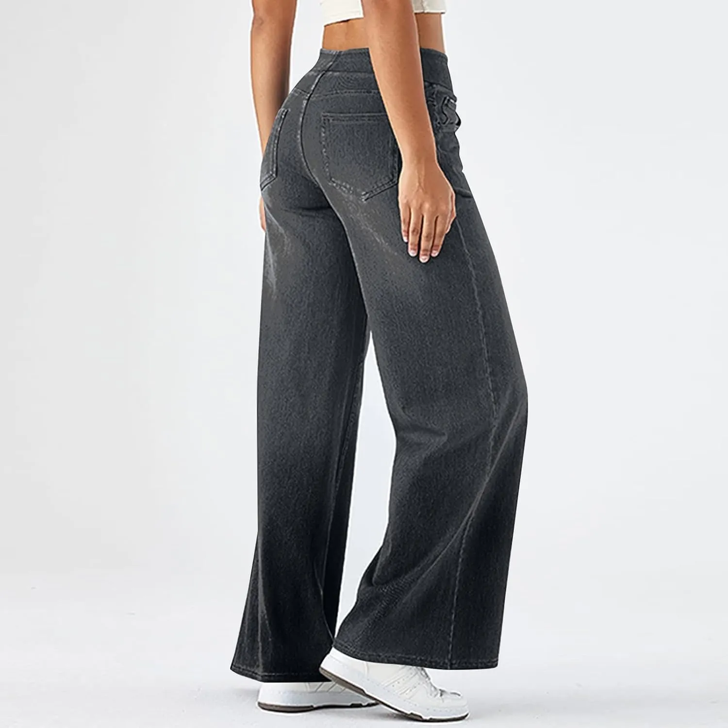 Women Jeans Petite Straight Loose Jeans Lightweight Wide Leg Summer Elastic Waist Lounge Denim Pants with Pockets