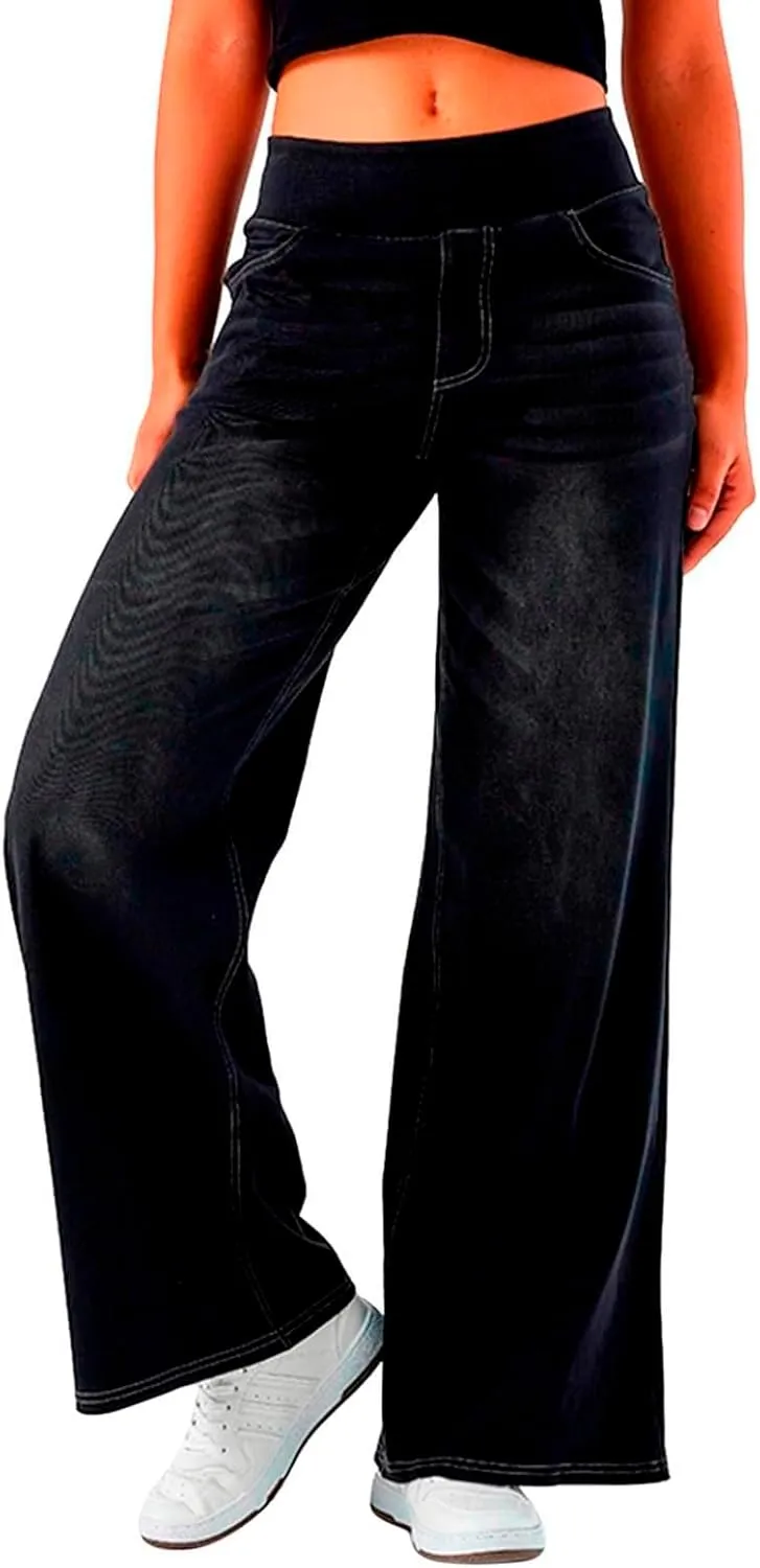 Women Jeans Petite Straight Loose Jeans Lightweight Wide Leg Summer Elastic Waist Lounge Denim Pants with Pockets